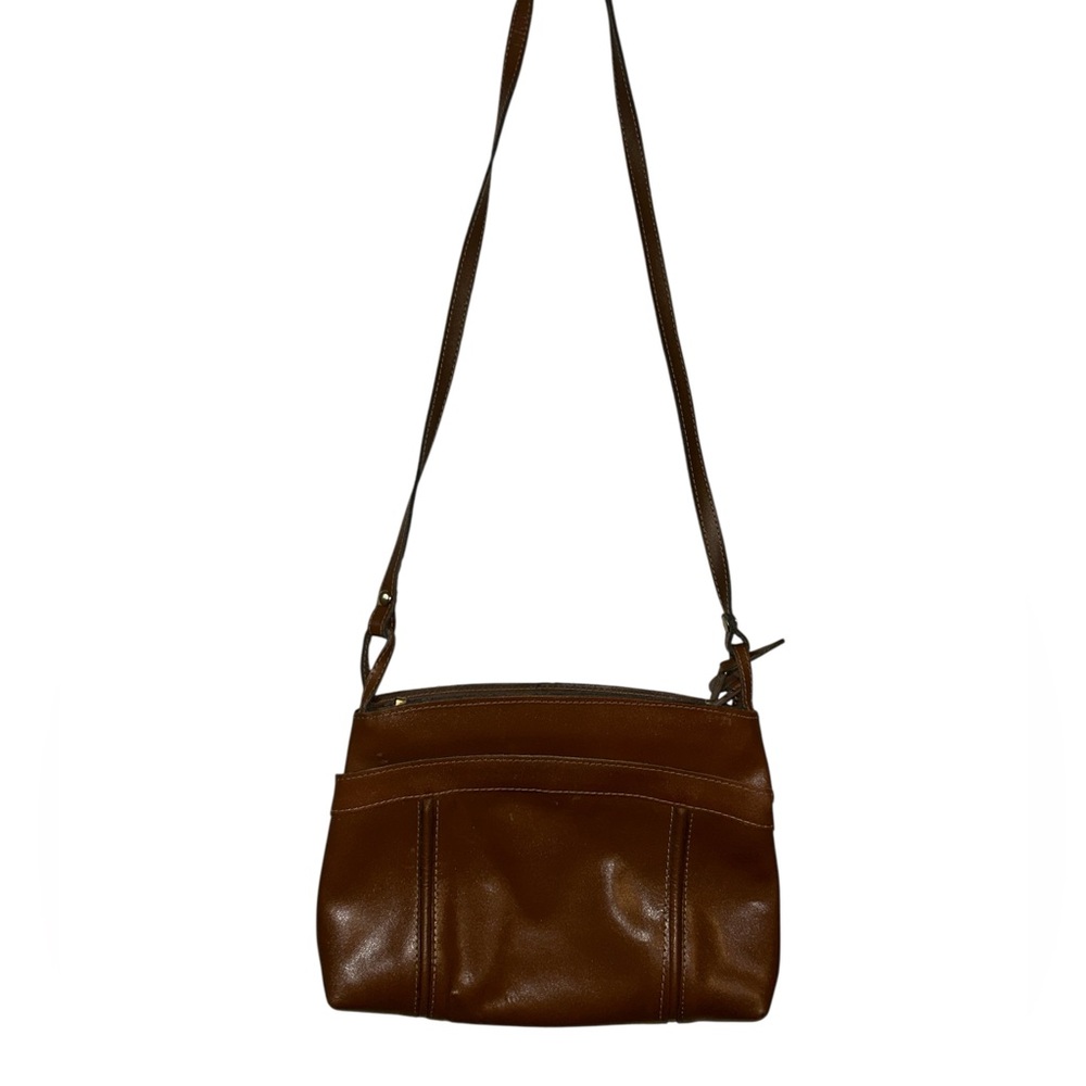 Vintage 80s Cognac Brown Genuine Leather Crossbody Purse Minimalist Korea